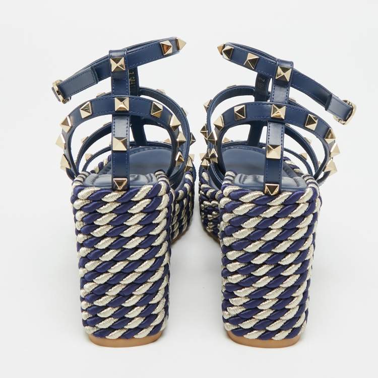 Pre Owned Valentino Rockstud Size 39 Navy Blue Leather Wedge Sandals