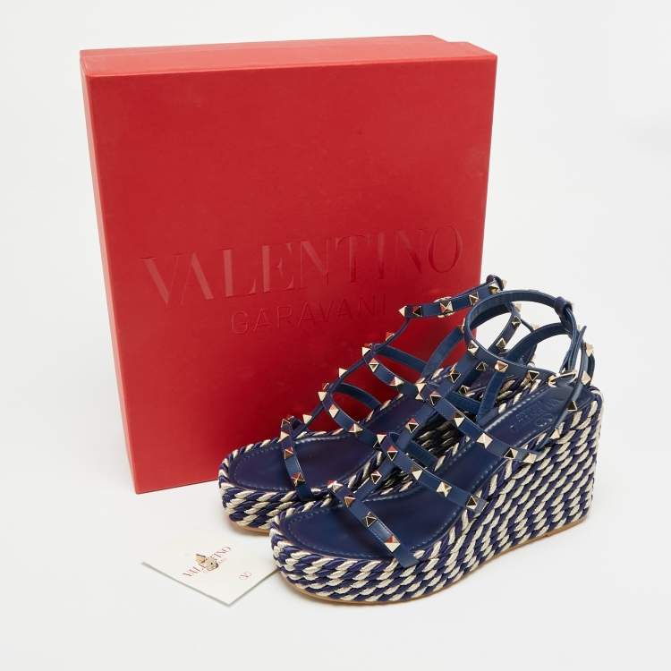 Pre Owned Valentino Rockstud Size 39 Navy Blue Leather Wedge Sandals