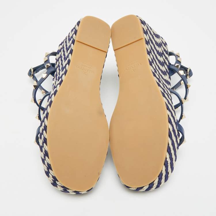 Pre Owned Valentino Rockstud Size 39 Navy Blue Leather Wedge Sandals