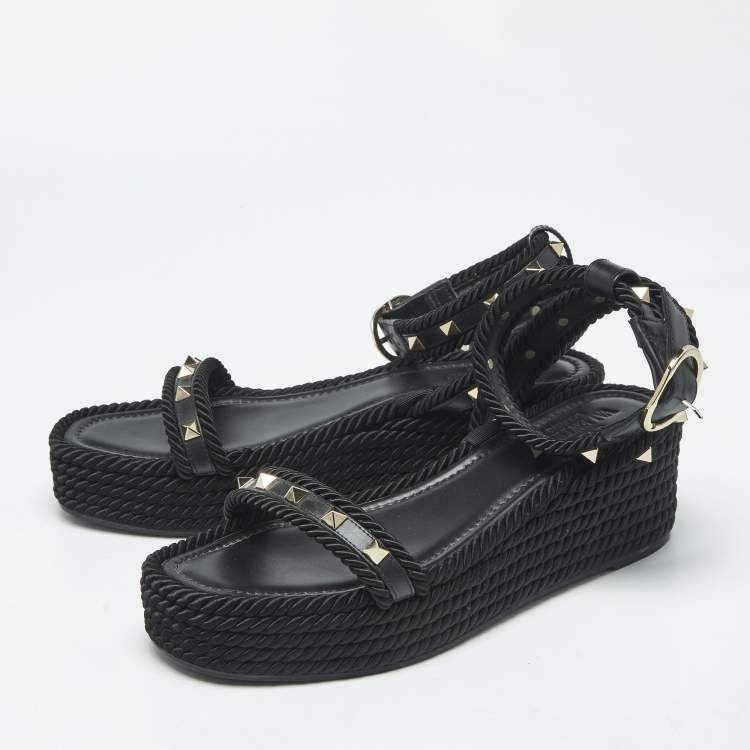 Pre Owned Valentino Rockstud Size 39 Black Leather and Rope Wedge Ankle Strap Sandals
