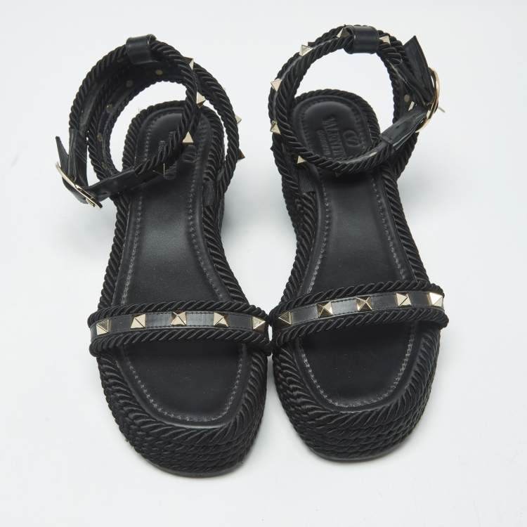 Pre Owned Valentino Rockstud Size 39 Black Leather and Rope Wedge Ankle Strap Sandals