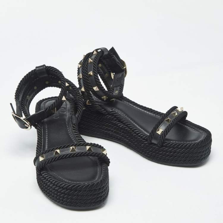 Pre Owned Valentino Rockstud Size 39 Black Leather and Rope Wedge Ankle Strap Sandals