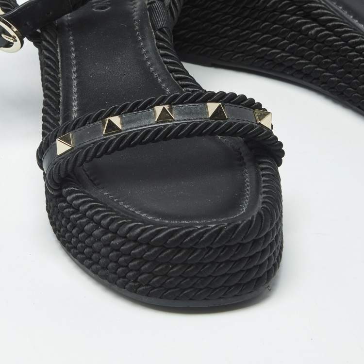 Pre Owned Valentino Rockstud Size 39 Black Leather and Rope Wedge Ankle Strap Sandals