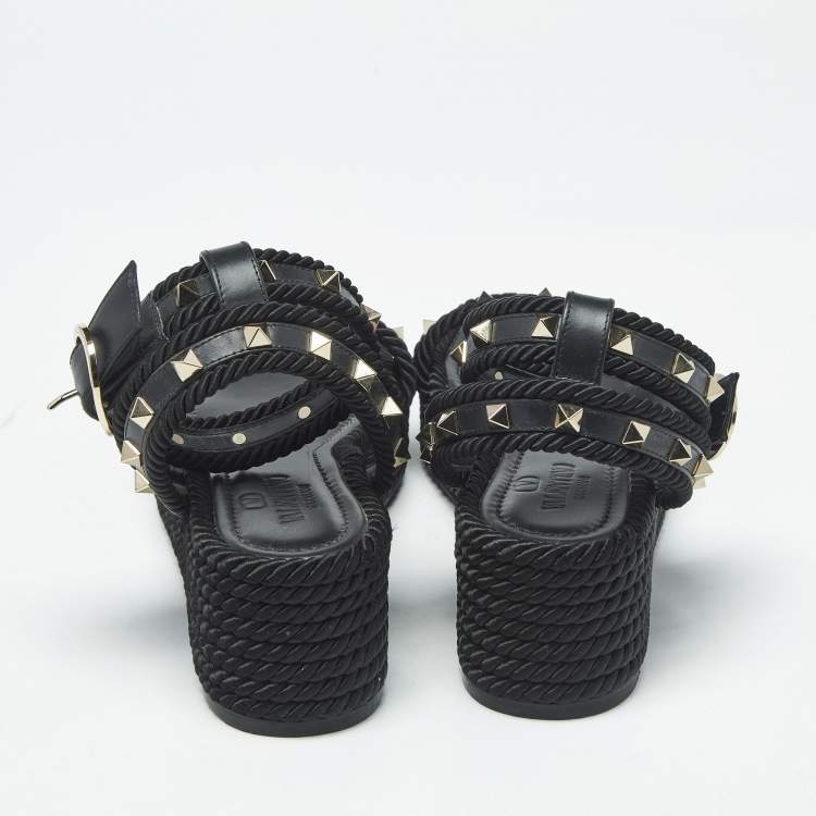 Pre Owned Valentino Rockstud Size 39 Black Leather and Rope Wedge Ankle Strap Sandals