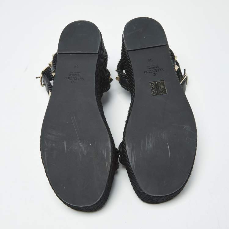 Pre Owned Valentino Rockstud Size 39 Black Leather and Rope Wedge Ankle Strap Sandals