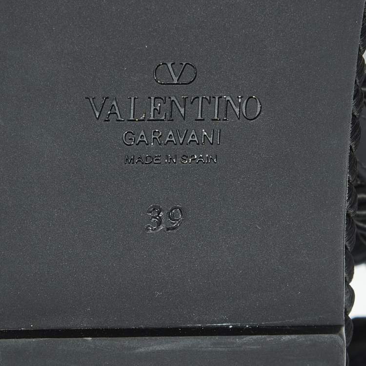 Pre Owned Valentino Rockstud Size 39 Black Leather and Rope Wedge Ankle Strap Sandals