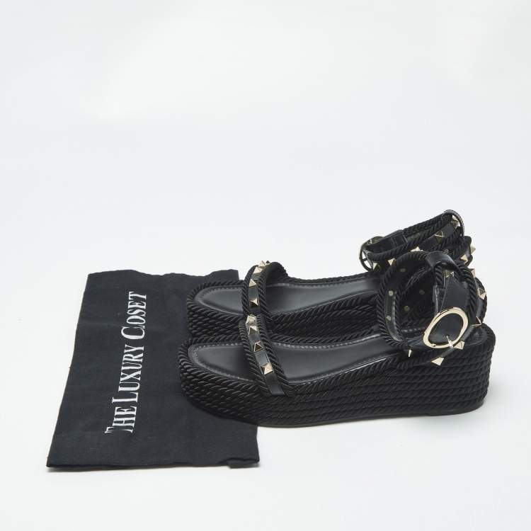 Pre Owned Valentino Rockstud Size 39 Black Leather and Rope Wedge Ankle Strap Sandals