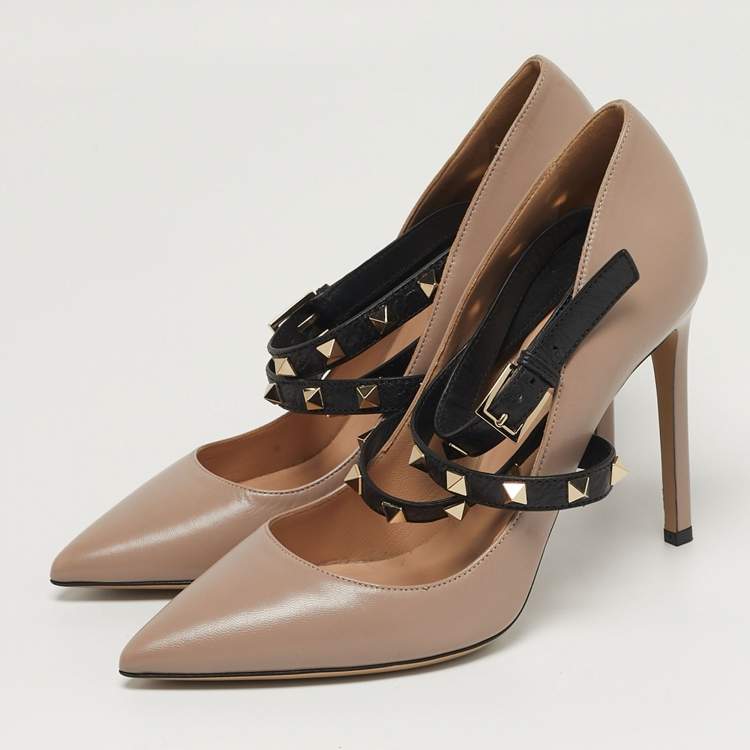Pre Owned Valentino Rockstud Size 38 Beige Leather Ankle Wrap Pumps