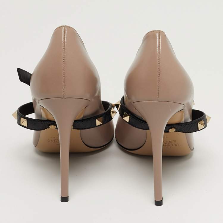 Pre Owned Valentino Rockstud Size 38 Beige Leather Ankle Wrap Pumps