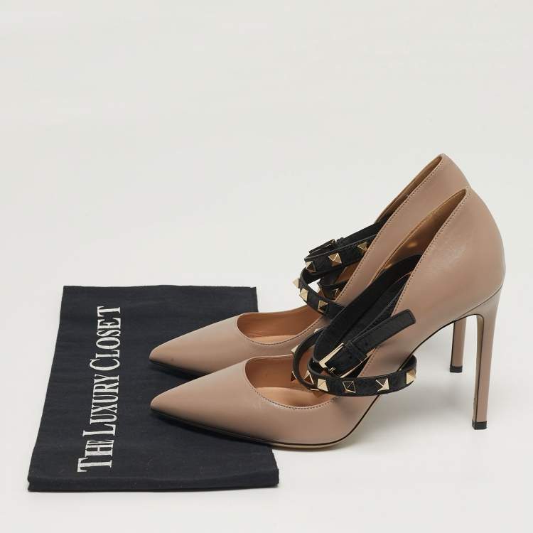 Pre Owned Valentino Rockstud Size 38 Beige Leather Ankle Wrap Pumps