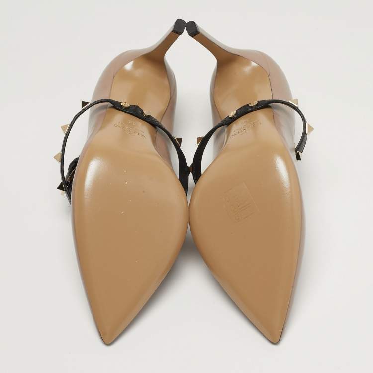 Pre Owned Valentino Rockstud Size 38 Beige Leather Ankle Wrap Pumps