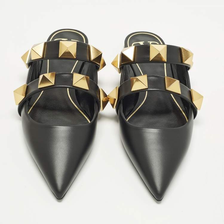 Pre Owned Valentino Roman Stud Size 37 Black Leather Flat Mules