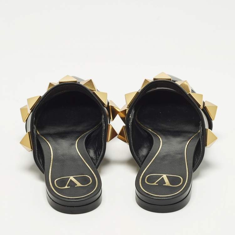 Pre Owned Valentino Roman Stud Size 37 Black Leather Flat Mules