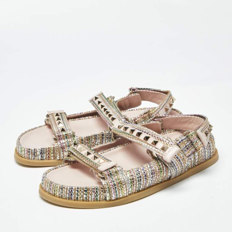 Pre Owned Valentino Rockstud Size 39 Multicolor Woven Straw Sngback Flat Sandals