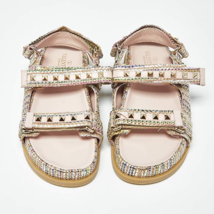 Pre Owned Valentino Rockstud Size 39 Multicolor Woven Straw Sngback Flat Sandals