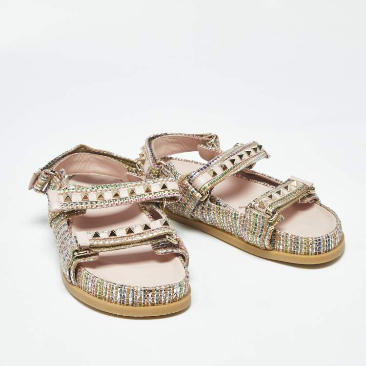 Pre Owned Valentino Rockstud Size 39 Multicolor Woven Straw Sngback Flat Sandals
