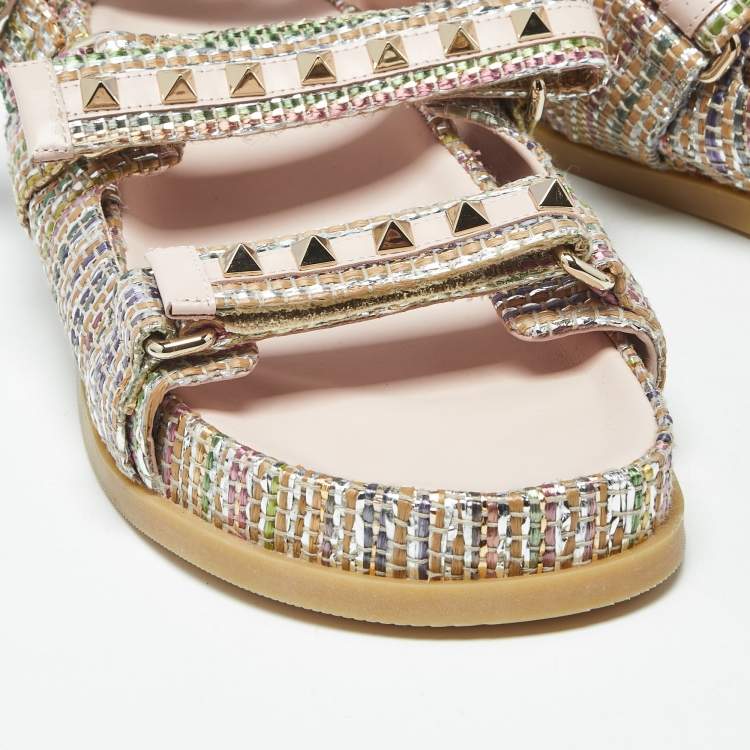 Pre Owned Valentino Rockstud Size 39 Multicolor Woven Straw Sngback Flat Sandals
