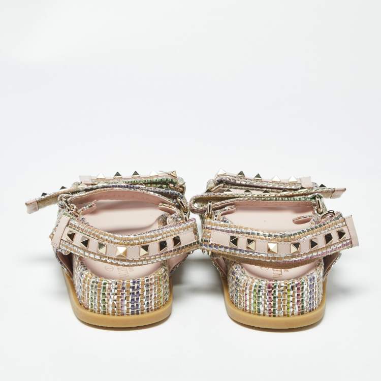 Pre Owned Valentino Rockstud Size 39 Multicolor Woven Straw Sngback Flat Sandals