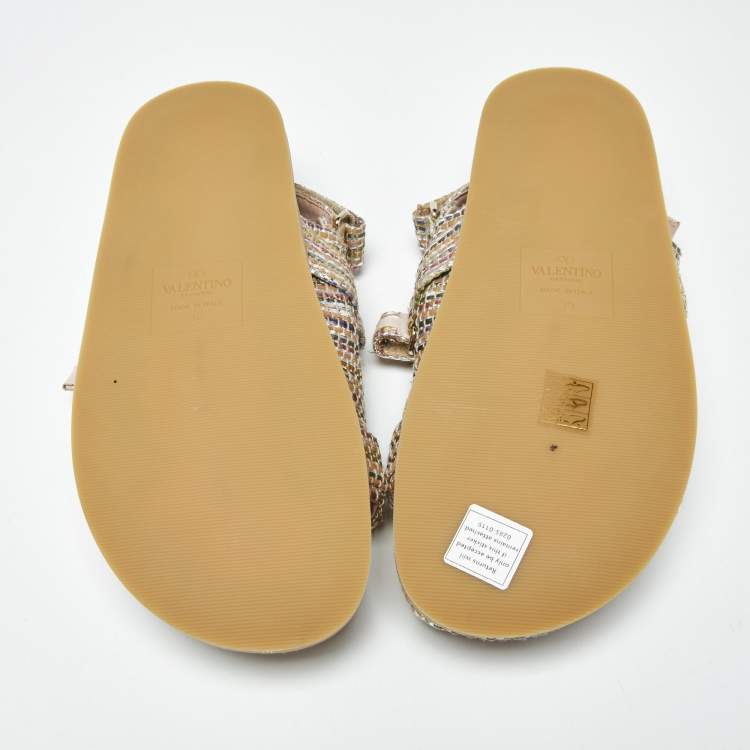 Pre Owned Valentino Rockstud Size 39 Multicolor Woven Straw Sngback Flat Sandals