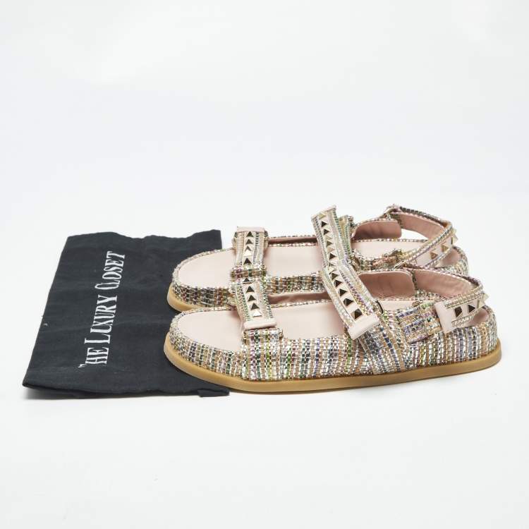 Pre Owned Valentino Rockstud Size 39 Multicolor Woven Straw Sngback Flat Sandals