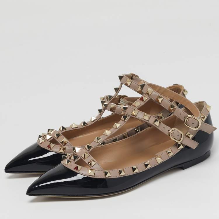 Pre Owned Valentino Rockstud Size 37 Black/Beige Leather and Patent Leather Ballet Flats
