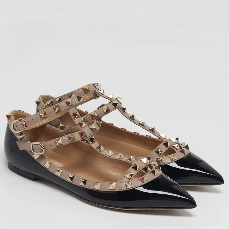 Pre Owned Valentino Rockstud Size 37 Black/Beige Leather and Patent Leather Ballet Flats