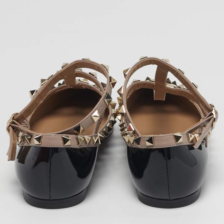 Pre Owned Valentino Rockstud Size 37 Black/Beige Leather and Patent Leather Ballet Flats