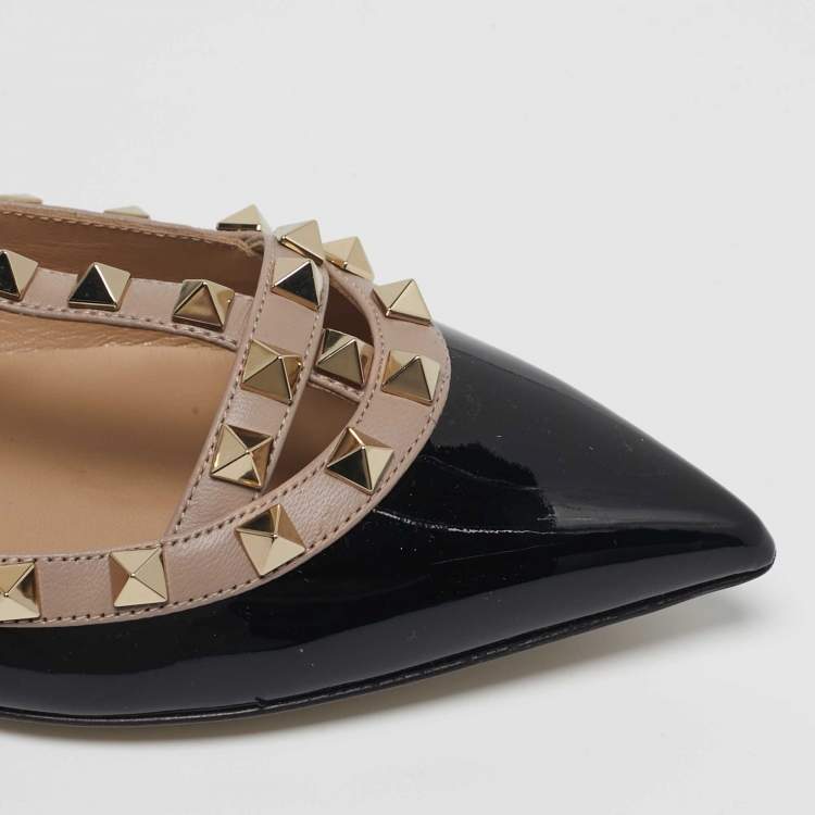 Pre Owned Valentino Rockstud Size 37 Black/Beige Leather and Patent Leather Ballet Flats