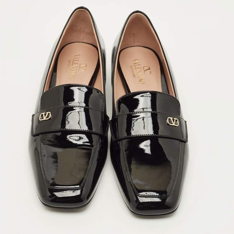 Pre Owned Valentino VLogo Size 38.5 Black Patent Leather Loafers