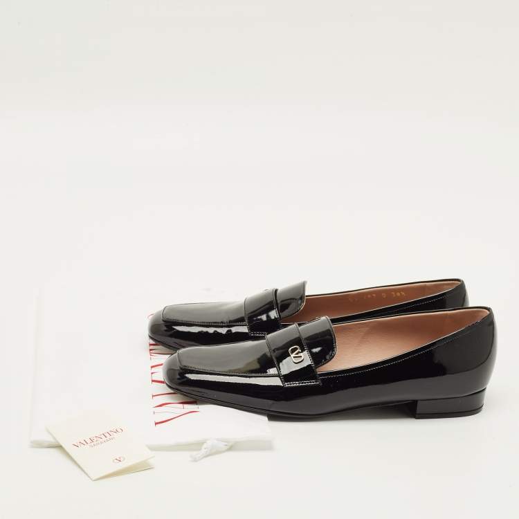 Pre Owned Valentino VLogo Size 38.5 Black Patent Leather Loafers