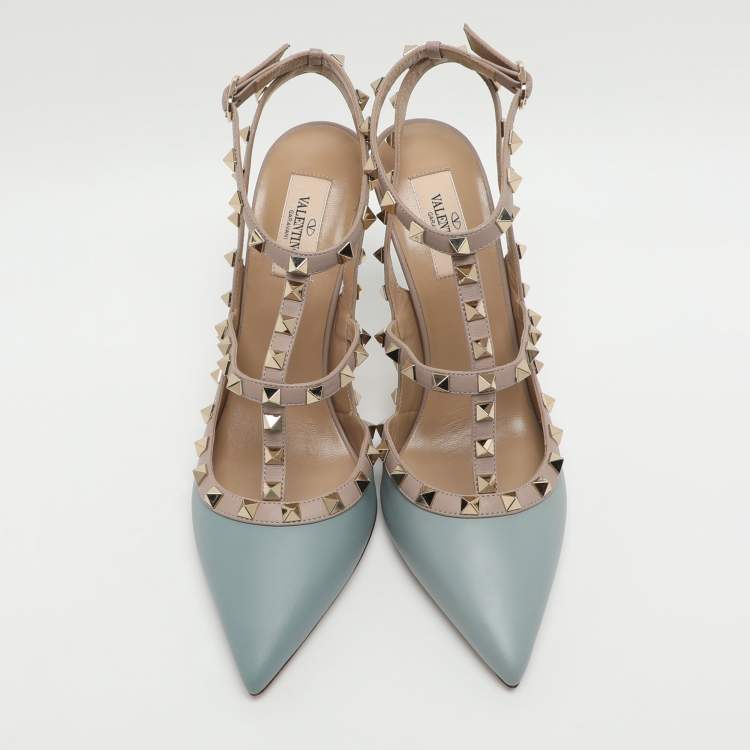 Pre Owned Valentino Rockstud Size 41 Blue/Beige Leather Pumps 