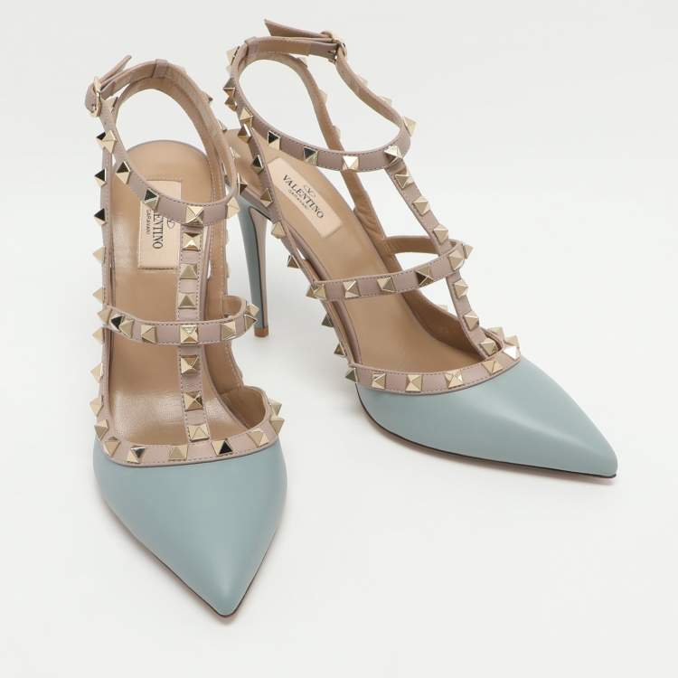 Pre Owned Valentino Rockstud Size 41 Blue/Beige Leather Pumps 