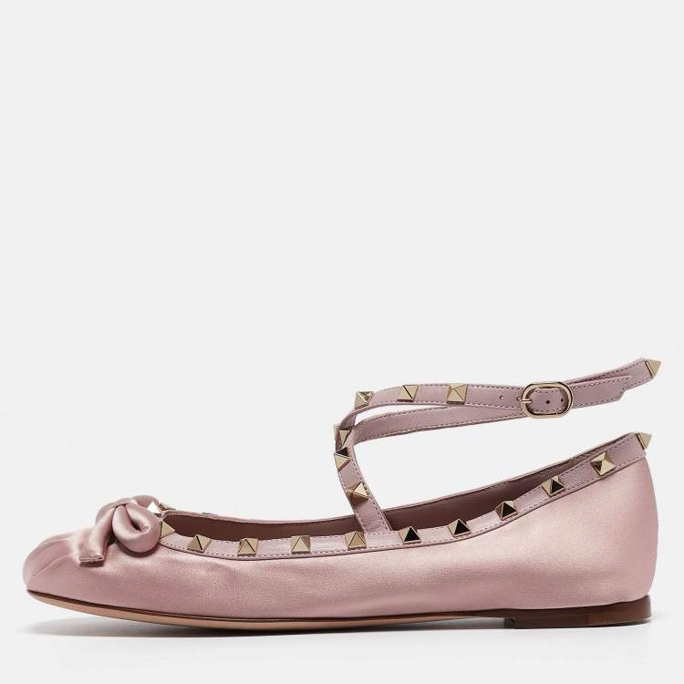 Pre Owned Valentino Rockstud Size 39.5 Brush Pink Satin Ballet Flats