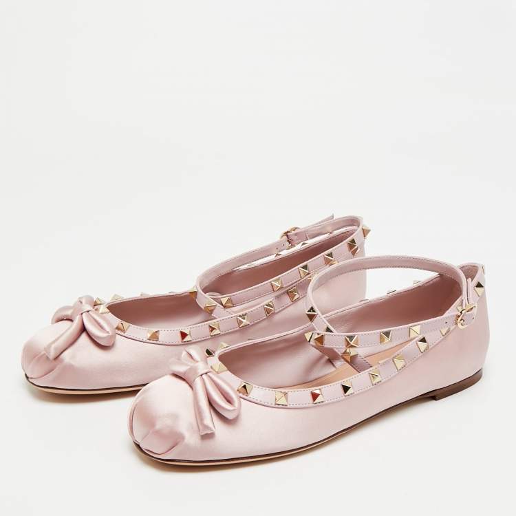 Pre Owned Valentino Rockstud Size 39.5 Brush Pink Satin Ballet Flats