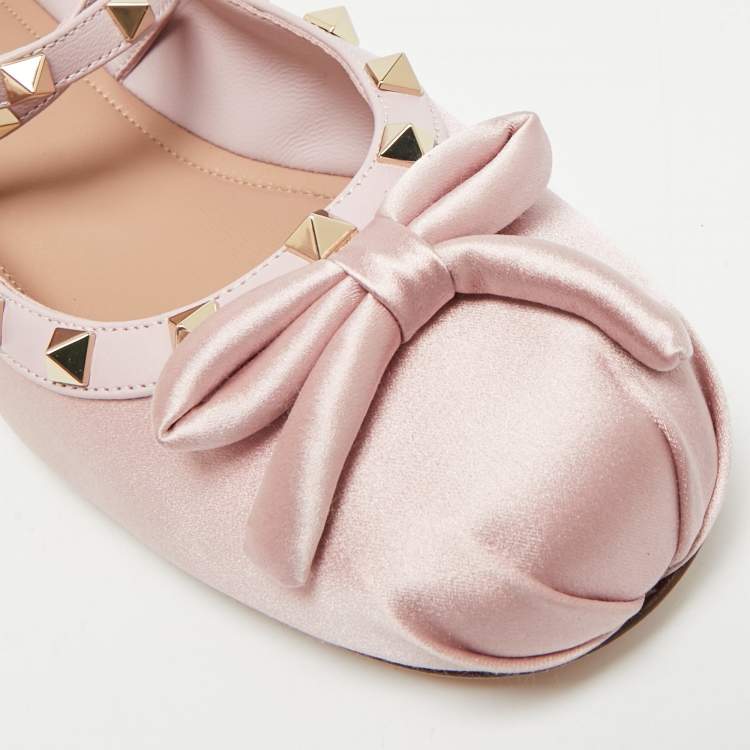 Pre Owned Valentino Rockstud Size 39.5 Brush Pink Satin Ballet Flats