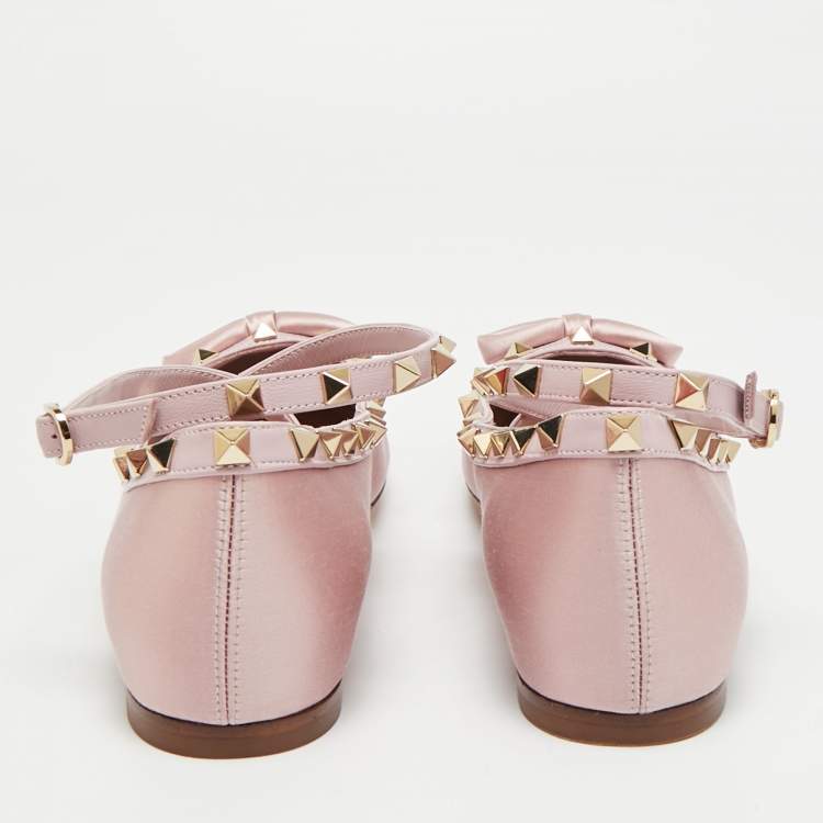 Pre Owned Valentino Rockstud Size 39.5 Brush Pink Satin Ballet Flats