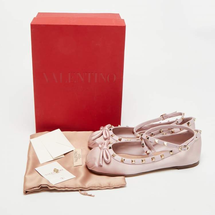 Pre Owned Valentino Rockstud Size 39.5 Brush Pink Satin Ballet Flats