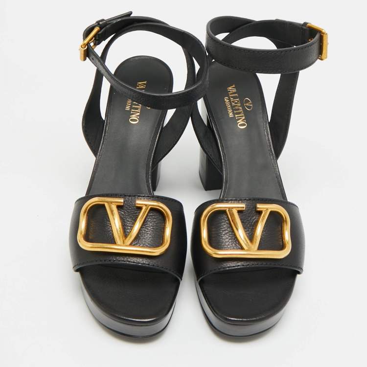 Pre Owned Valentino VLogo Size 39 Black Leather Platform Sandals