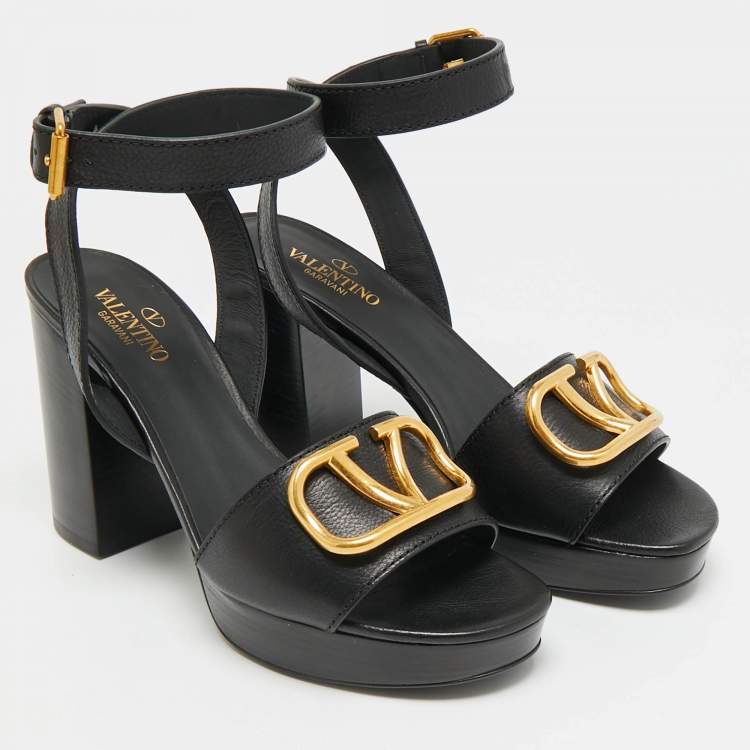 Pre Owned Valentino VLogo Size 39 Black Leather Platform Sandals