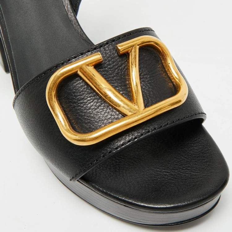 Pre Owned Valentino VLogo Size 39 Black Leather Platform Sandals