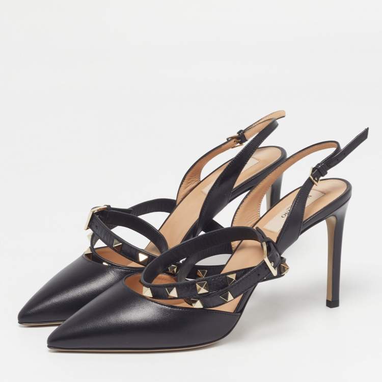 Pre Owned Valentino Rockstud Size 39 Black Leather Slingback Pumps