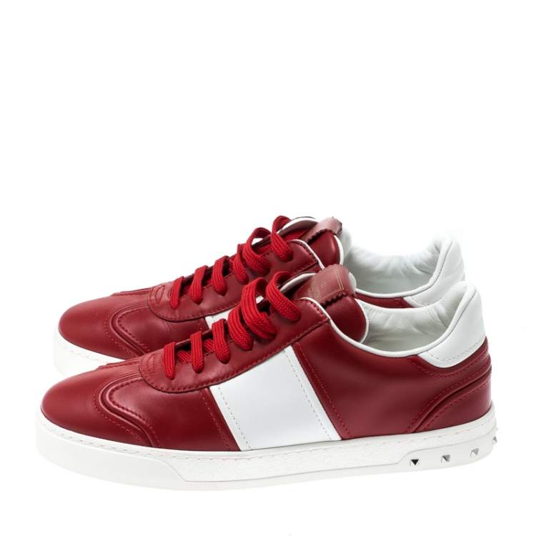 مملوكة مسبقًا Valentino Red/White Leather Fly Crew Low Top Sneakers Size 40.5