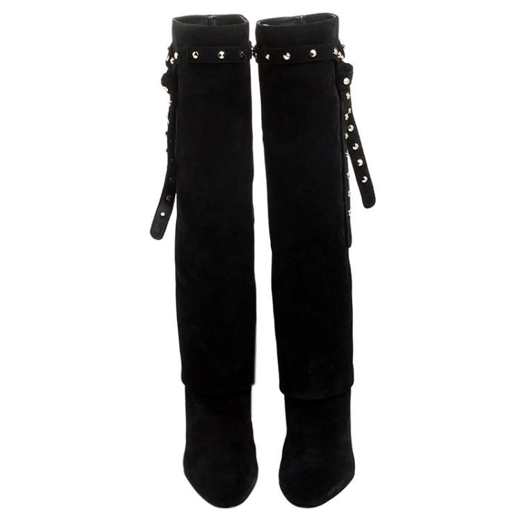 Pre Owned Valentino Black Suede Rockstud Tie Foldover Knee Length Boots Size 37