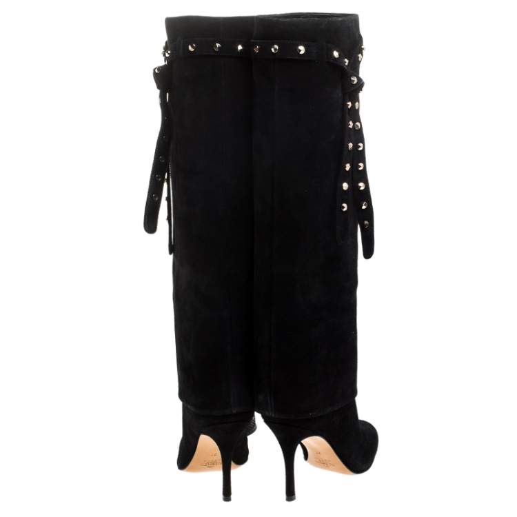 Pre Owned Valentino Black Suede Rockstud Tie Foldover Knee Length Boots Size 37