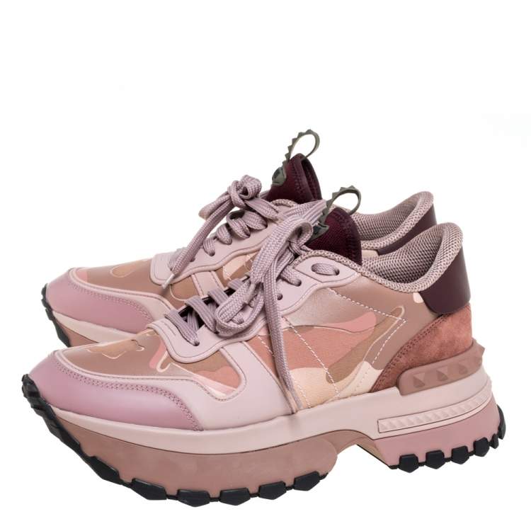 Pre Owned Valentino Pink Camouflage Leather, Canvas and Suede Platform Sneakers Size 40