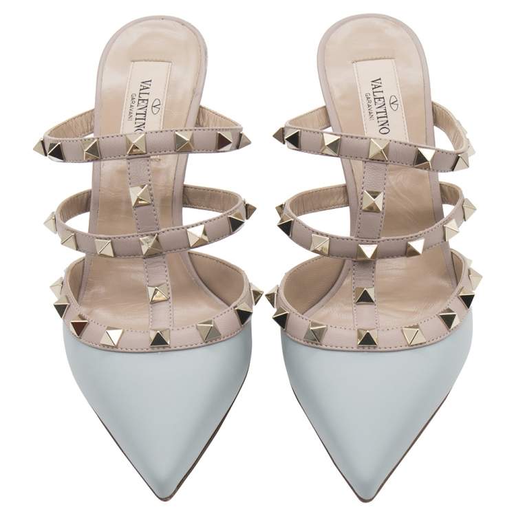 Valentino Pastel Grey/Poudre Leather Rockstud Ankle Strap Pointed Toe Size 39.5 Valentino | TLC