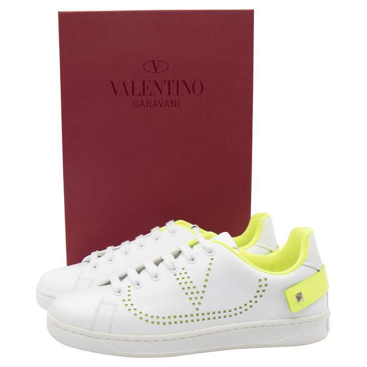 Pre Owned Valentino White/Florescent Green V-Logo Leather Sneakers Size 38.5