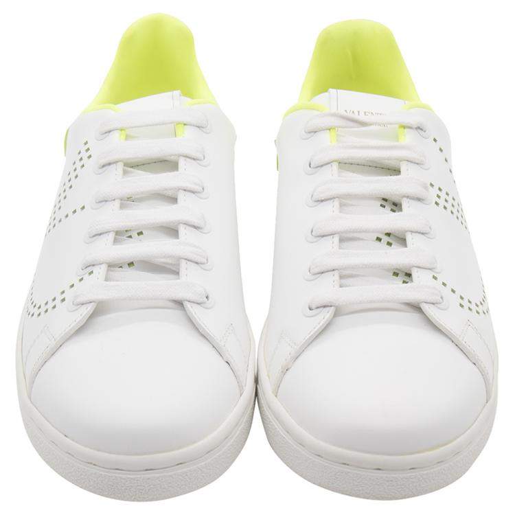 Pre Owned Valentino White/Florescent Green V-Logo Leather Sneakers Size 38.5