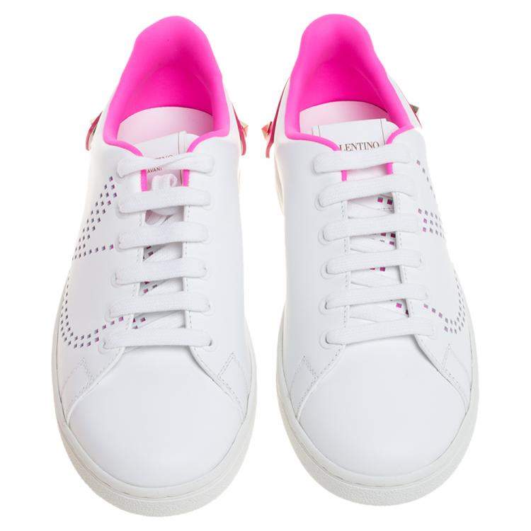 Pre Owned Valentino White/ Florescent Pink Leather V-Logo Sneakers Size 38