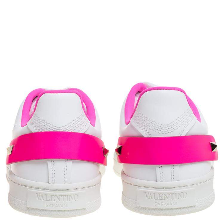 Pre Owned Valentino White/ Florescent Pink Leather V-Logo Sneakers Size 38